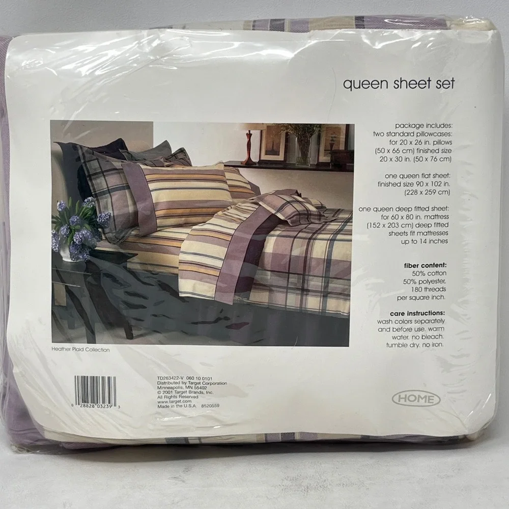 Target Queen Sheet Set Heather Plaid Collection Purple Stripe Percale 180 TC NEW